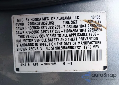 2006 Honda Odyssey Touring из США, поврежденный, VIN 5FNRL38846B026721